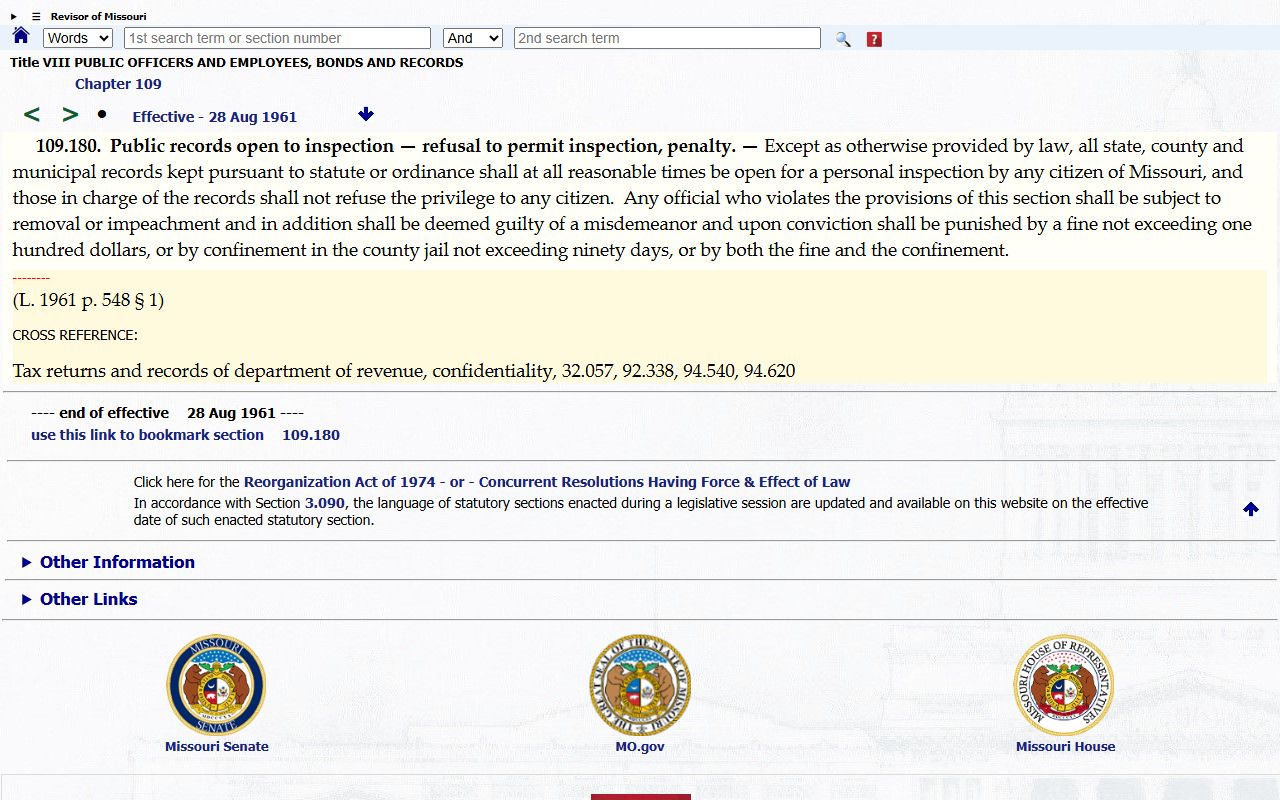 Saline County Circuit Clerk public court records and Missouri inspection statute