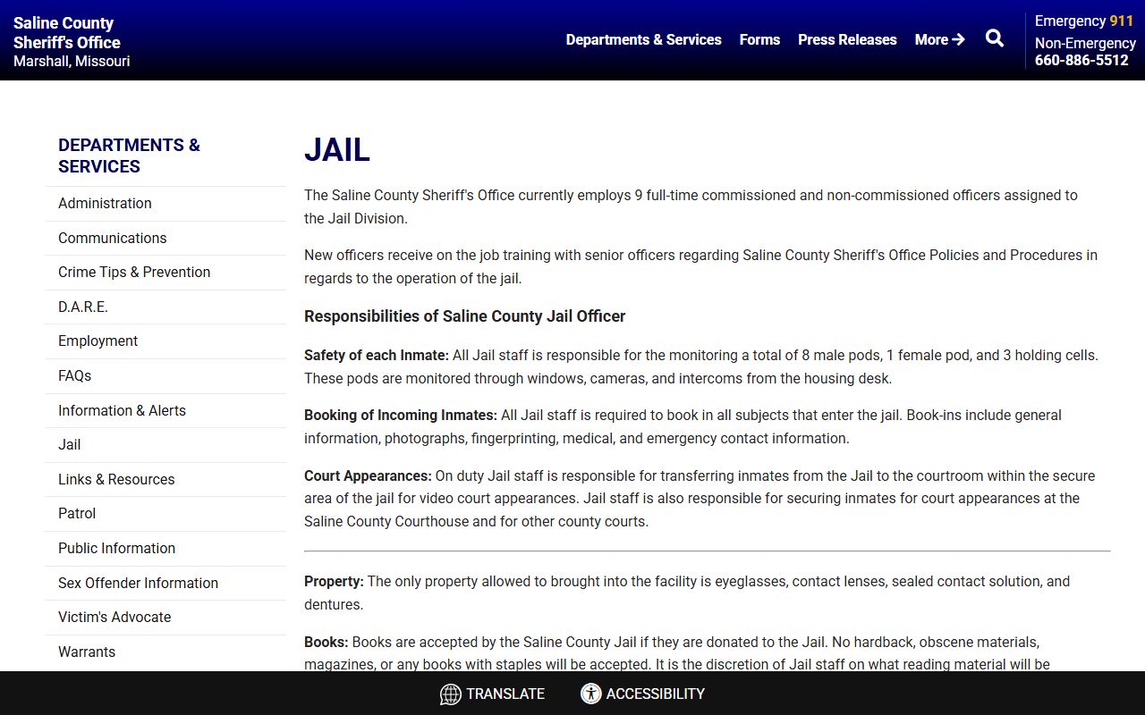 Saline County inmate records jail rules page