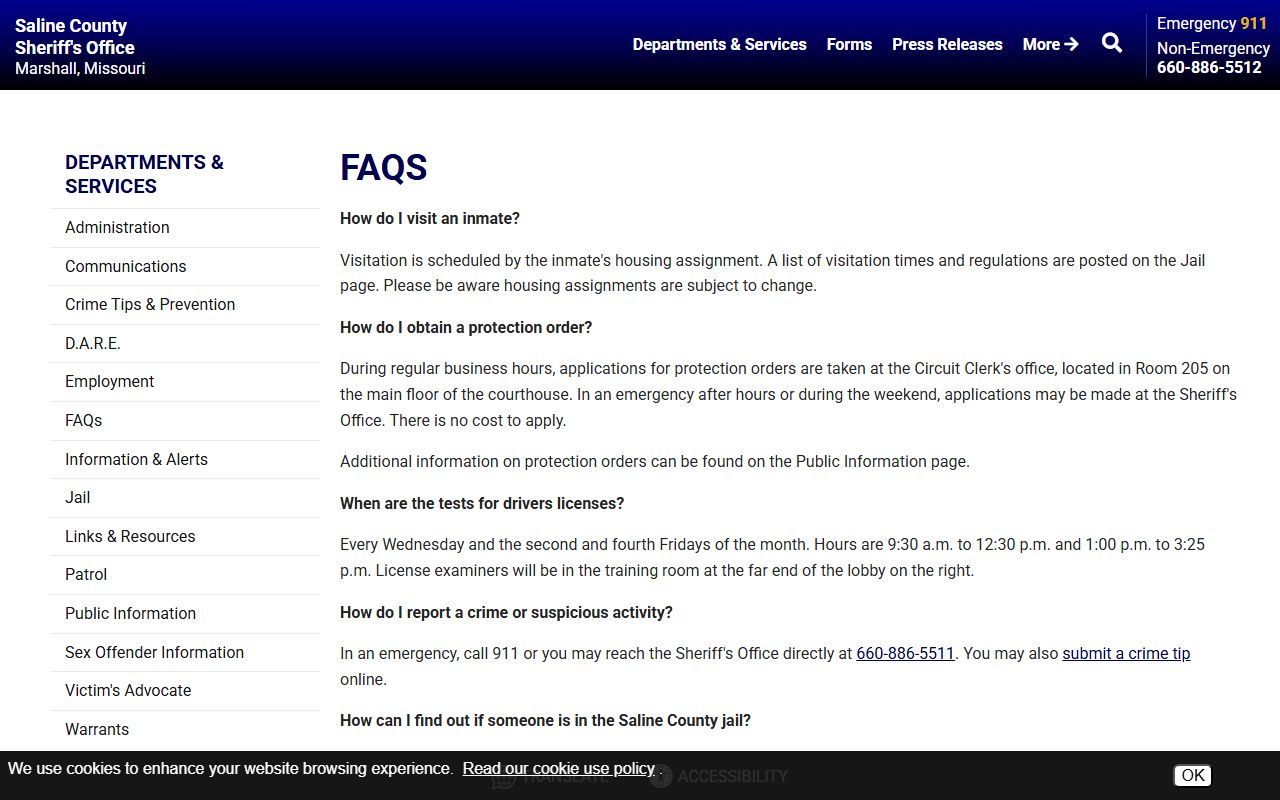Saline County inmate records sheriff FAQ page