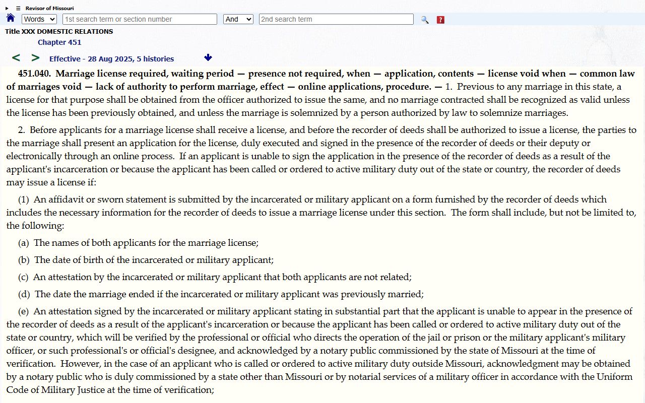 Saline County marriage records Missouri marriage license statute