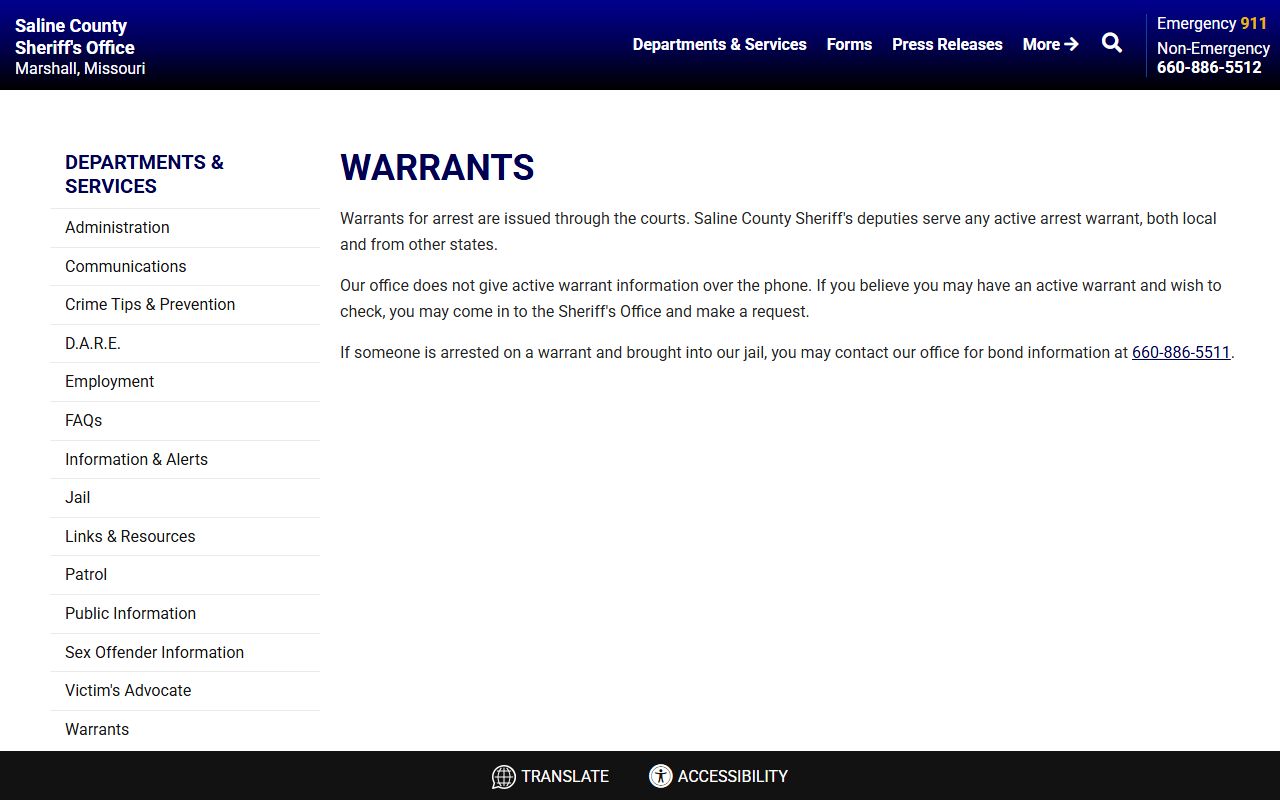 Saline County warrant records sheriff warrant page